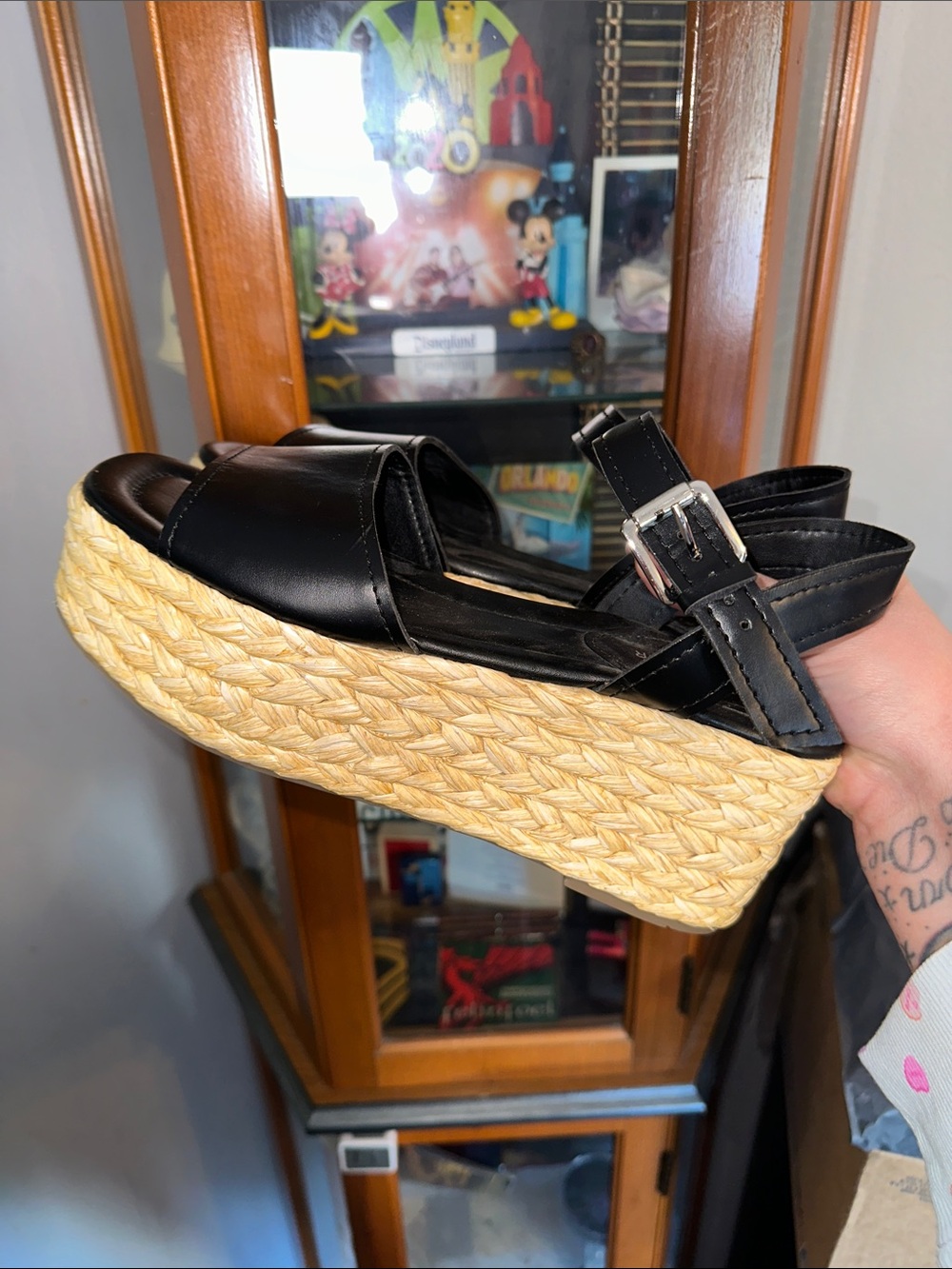 Marc Fisher Black and Natural Platform Espadrille Sandals